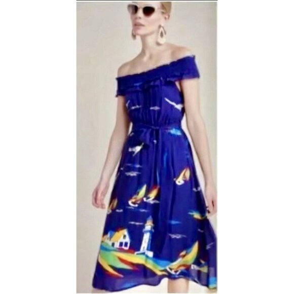Anthropologie Dresses & Skirts - Anthropologie Midi Dress 0 Women's Colloquial Boat Off-Shoulder Nautical Blue